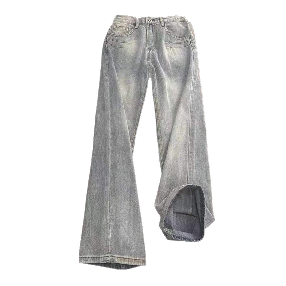 Casual Washed Denim Pants Men's Autumn Trendy Street Style Slim Fit Straight Leg Slightly Flared Jeans Blue Striped Texture