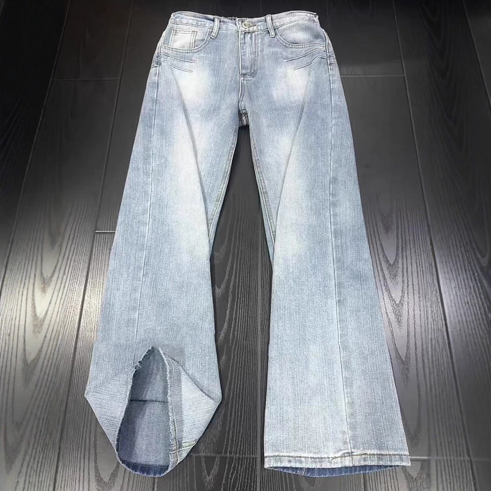 Casual Washed Denim Pants Men's Autumn Trendy Street Style Slim Fit Straight Leg Slightly Flared Jeans Blue Striped Texture