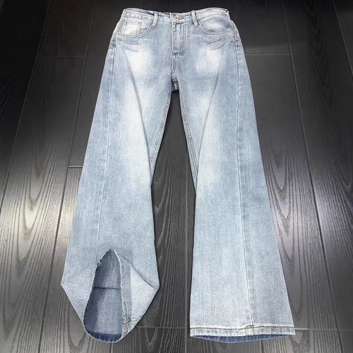 Casual Washed Denim Pants Men's Autumn Trendy Street Style Slim Fit Straight Leg Slightly Flared Jeans Blue Striped Texture