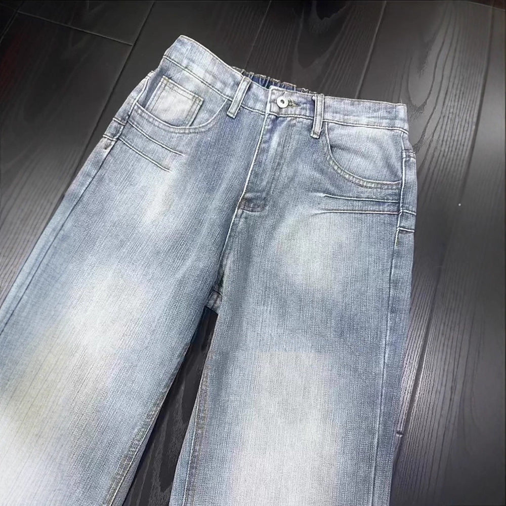 Casual Washed Denim Pants Men's Autumn Trendy Street Style Slim Fit Straight Leg Slightly Flared Jeans Blue Striped Texture