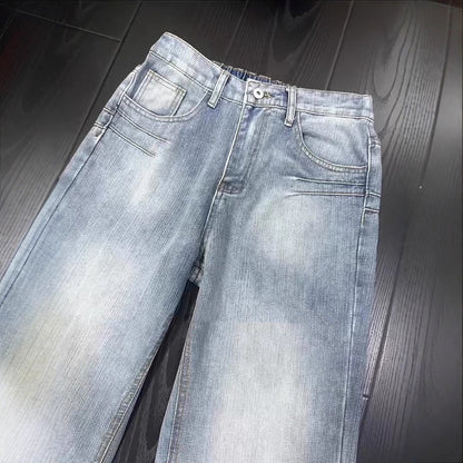 Casual Washed Denim Pants Men's Autumn Trendy Street Style Slim Fit Straight Leg Slightly Flared Jeans Blue Striped Texture