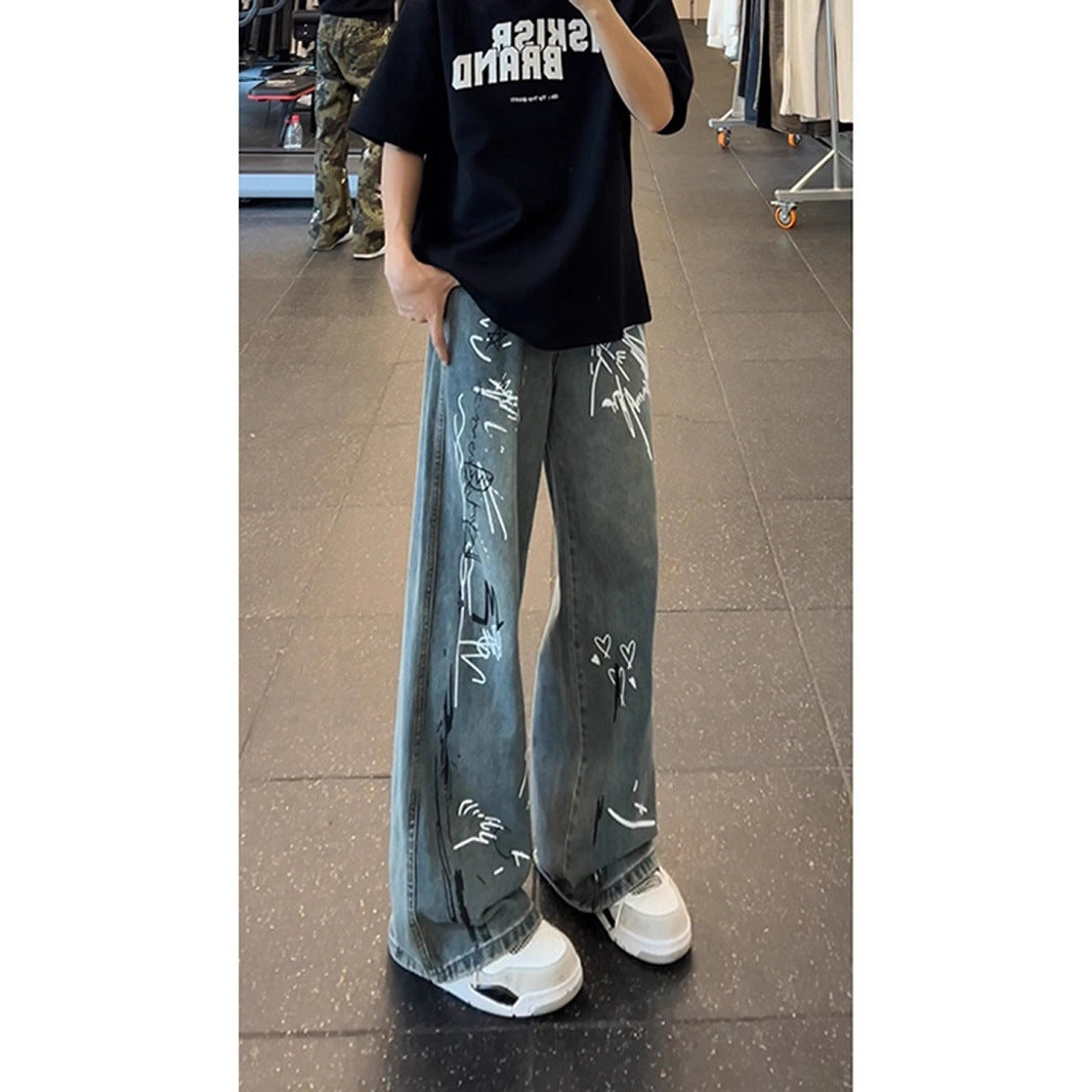 Doodle Print Denim Pants Men Wide Leg Loose Design Sense Niche Pants  High Street Hip Hop Wide Leg Trousers