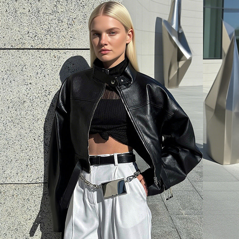 Street sexy leather solid color versatile jacket for women