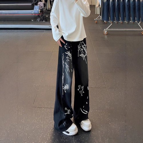 Doodle Print Denim Pants Men Wide Leg Loose Design Sense Niche Pants  High Street Hip Hop Wide Leg Trousers