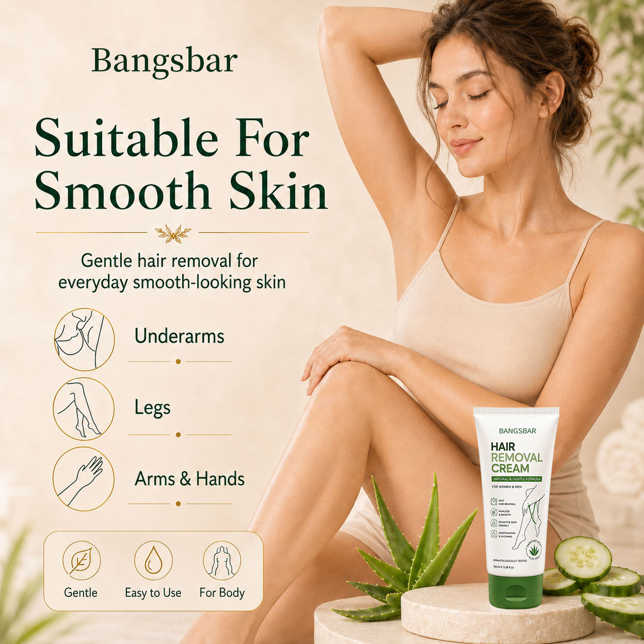 Bangsbar Natural Gentle Hair Removal Cream | For Women & Men, Sensitive Skin
