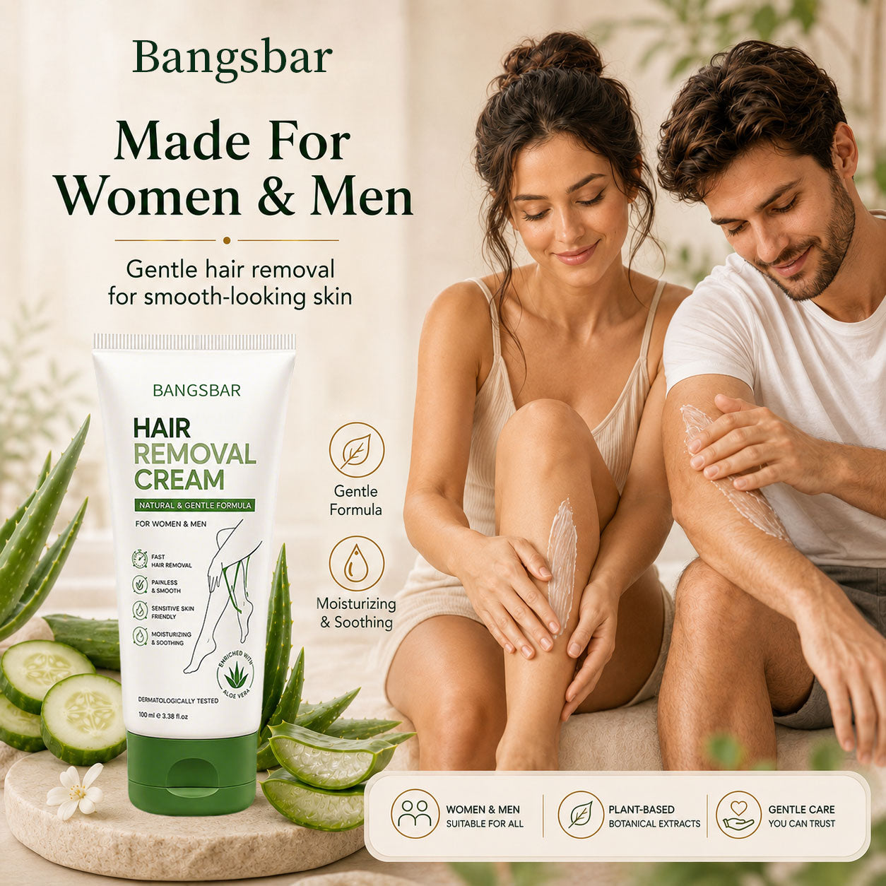 Bangsbar Natural Gentle Hair Removal Cream | For Women & Men, Sensitive Skin