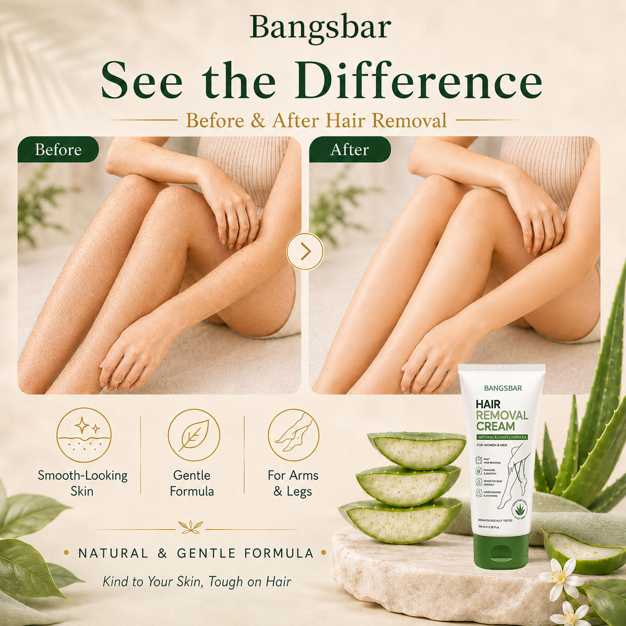 Bangsbar Natural Gentle Hair Removal Cream | For Women & Men, Sensitive Skin