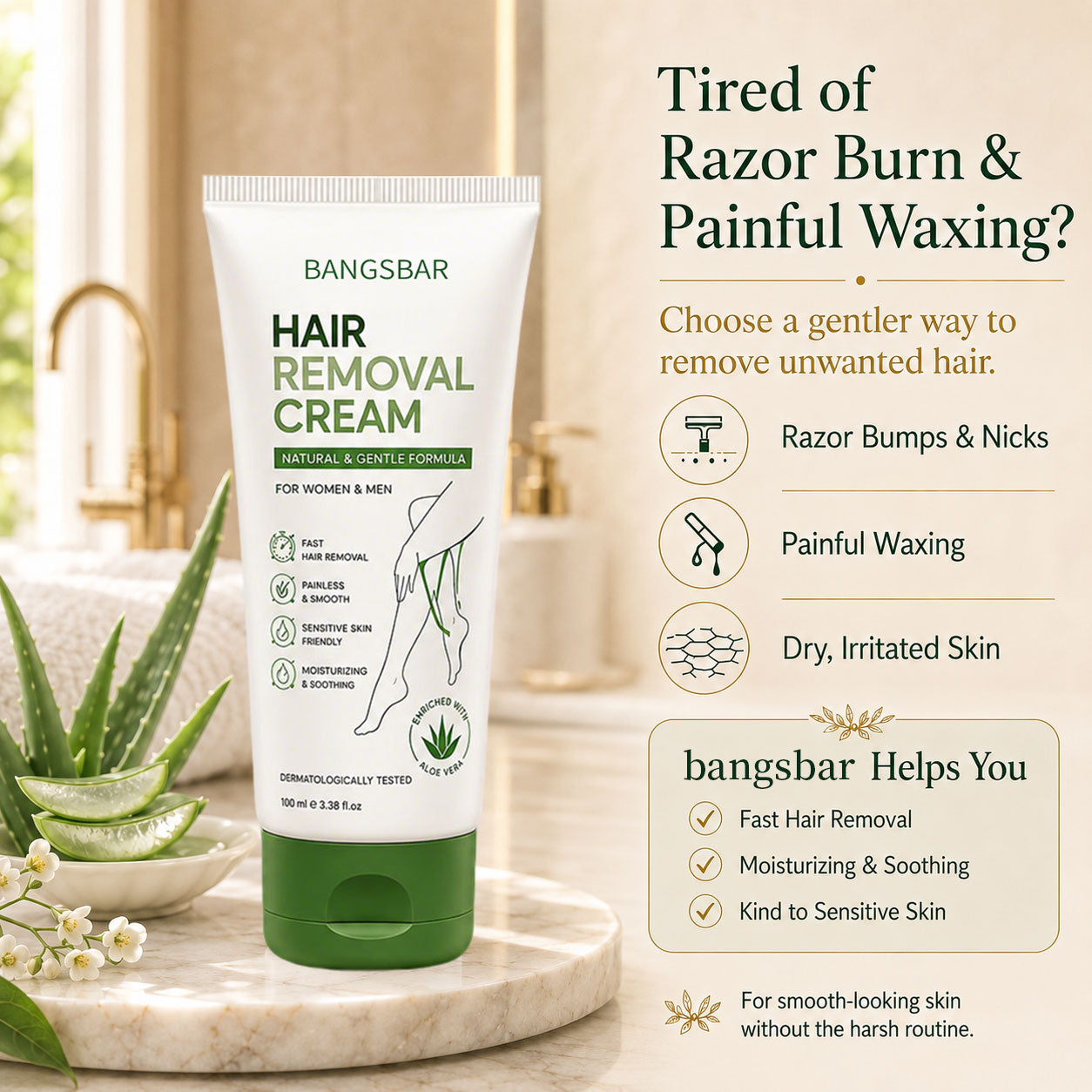 Bangsbar Natural Gentle Hair Removal Cream | For Women & Men, Sensitive Skin