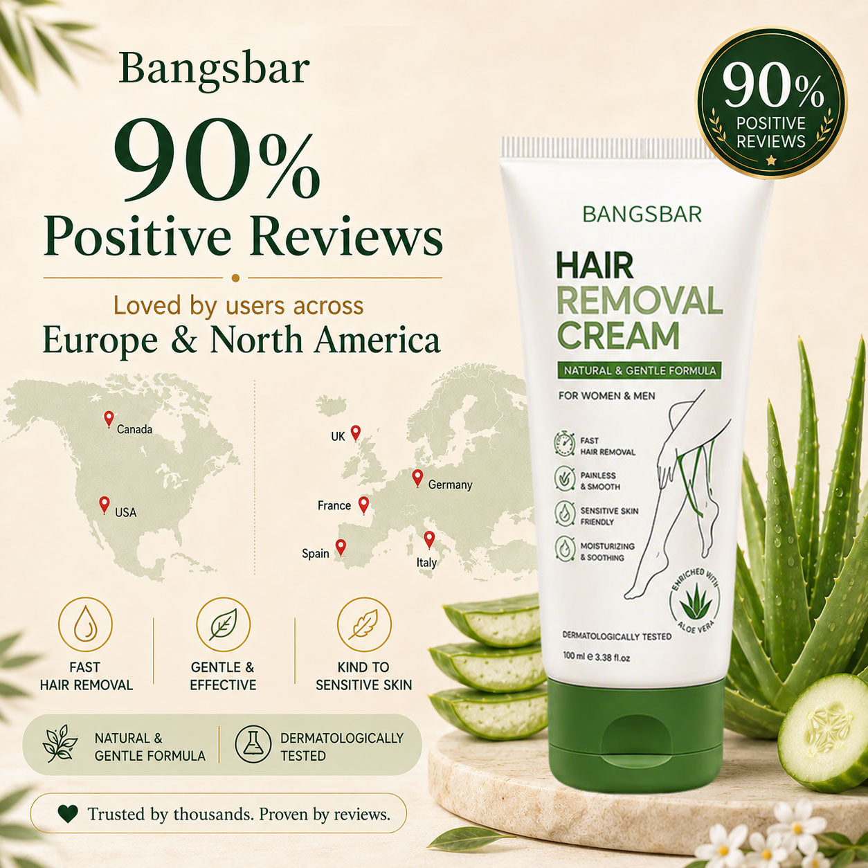 Bangsbar Natural Gentle Hair Removal Cream | For Women & Men, Sensitive Skin