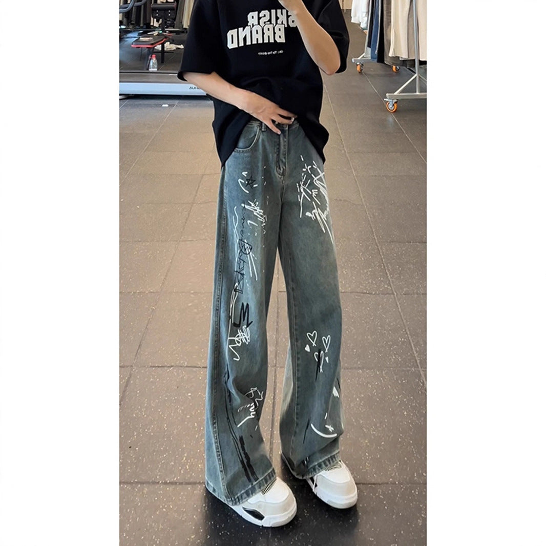Doodle Print Denim Pants Men Wide Leg Loose Design Sense Niche Pants  High Street Hip Hop Wide Leg Trousers