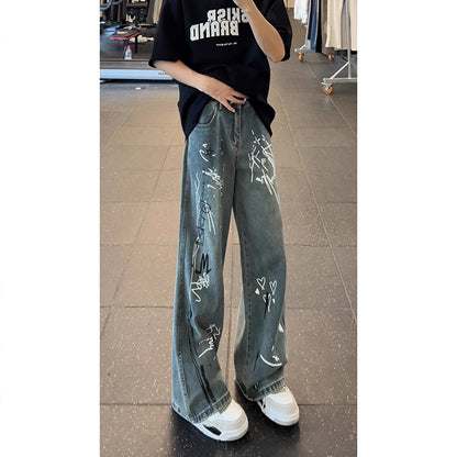 Doodle Print Denim Pants Men Wide Leg Loose Design Sense Niche Pants  High Street Hip Hop Wide Leg Trousers