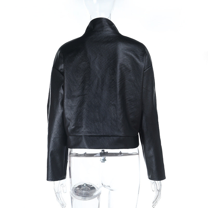 Street sexy leather solid color versatile jacket for women