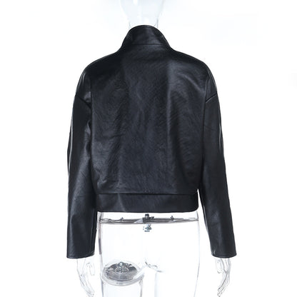 Street sexy leather solid color versatile jacket for women