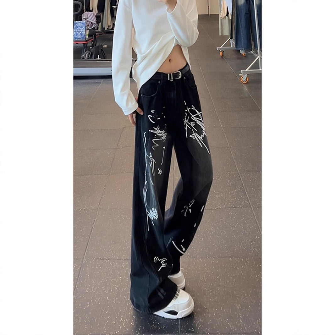 Doodle Print Denim Pants Men Wide Leg Loose Design Sense Niche Pants  High Street Hip Hop Wide Leg Trousers