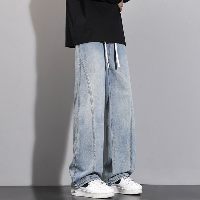 Jeans Men Autumn Winter Loose Straight Leg Pants Vintage Wide Leg Pants Men Youth Asymmetric Deconstruction Trousers
