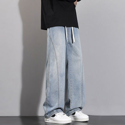 Jeans Men Autumn Winter Loose Straight Leg Pants Vintage Wide Leg Pants Men Youth Asymmetric Deconstruction Trousers