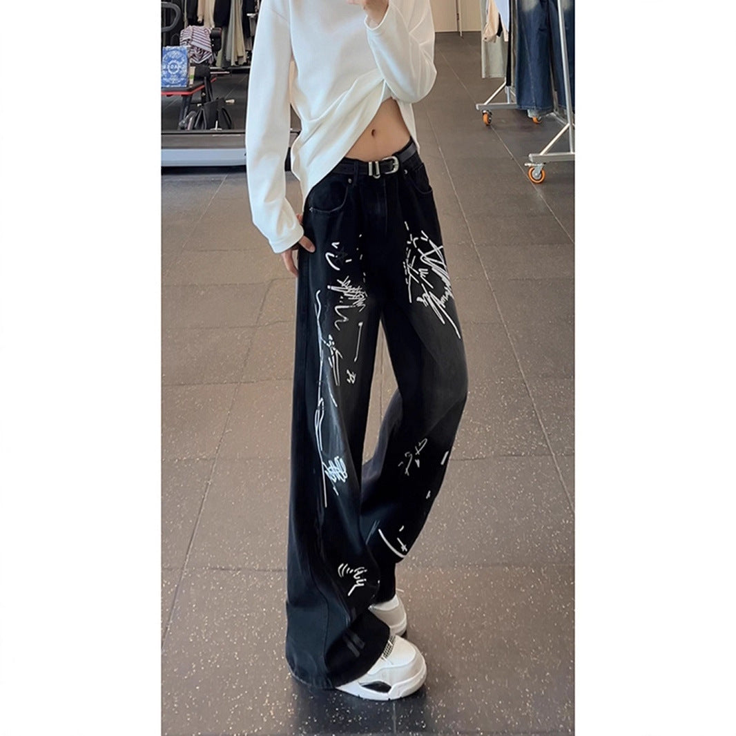 Doodle Print Denim Pants Men Wide Leg Loose Design Sense Niche Pants  High Street Hip Hop Wide Leg Trousers