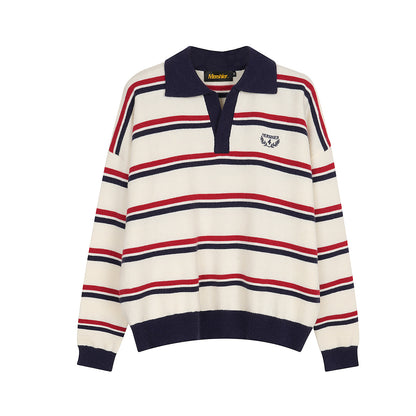 Striped knit sweater lapel sweater base sweater