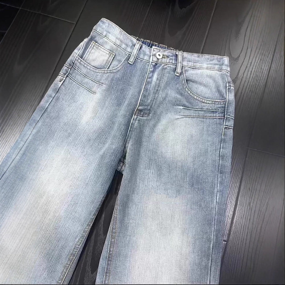 Casual Washed Denim Pants Men's Autumn Trendy Street Style Slim Fit Straight Leg Slightly Flared Jeans Blue Striped Texture