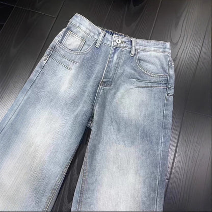 Casual Washed Denim Pants Men's Autumn Trendy Street Style Slim Fit Straight Leg Slightly Flared Jeans Blue Striped Texture