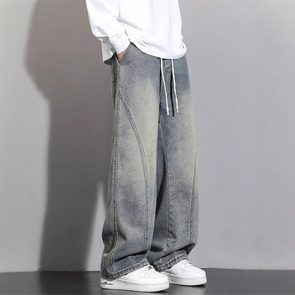 Jeans Men Autumn Winter Loose Straight Leg Pants Vintage Wide Leg Pants Men Youth Asymmetric Deconstruction Trousers
