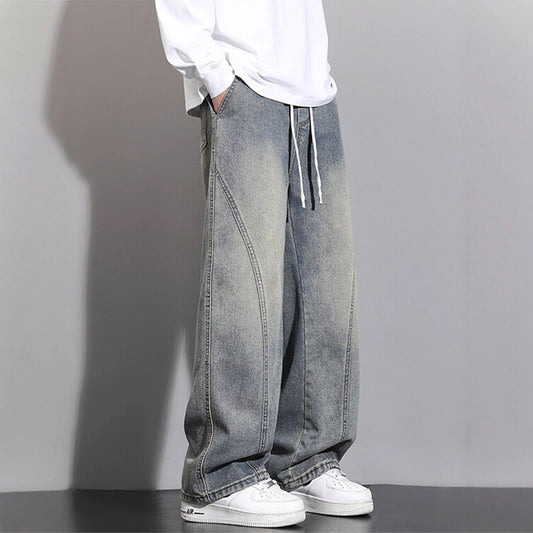 Jeans Men Autumn Winter Loose Straight Leg Pants Vintage Wide Leg Pants Men Youth Asymmetric Deconstruction Trousers