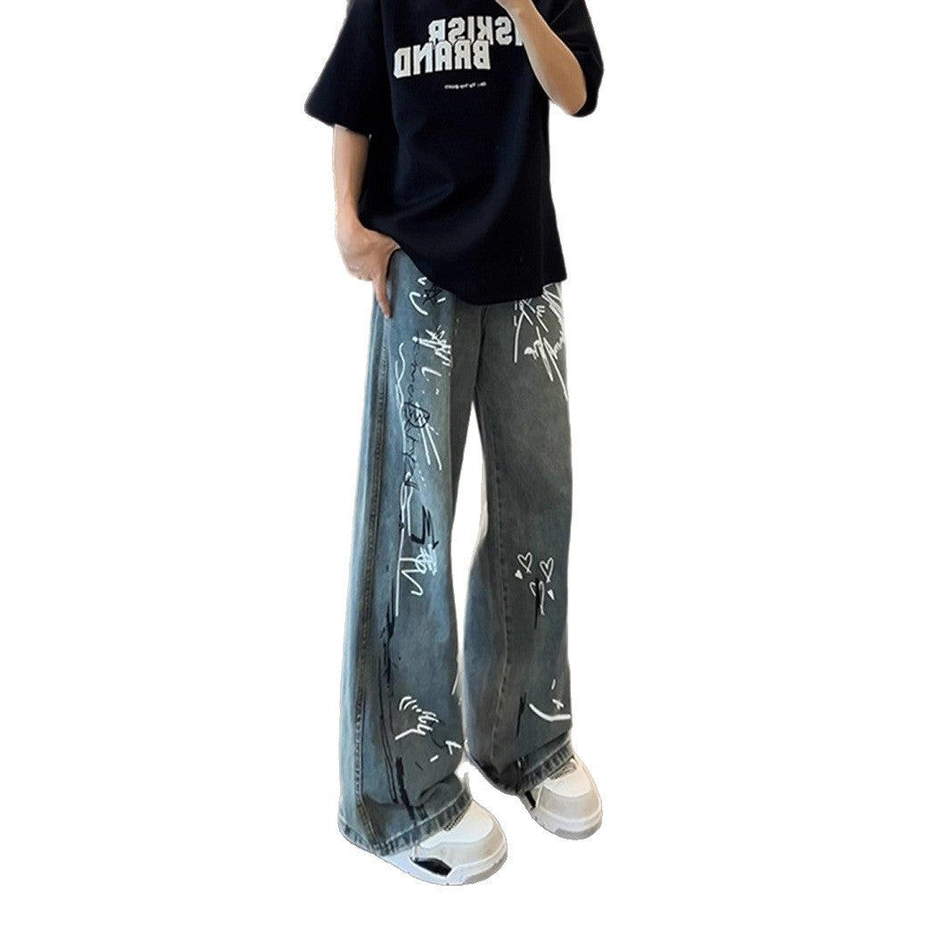 Doodle Print Denim Pants Men Wide Leg Loose Design Sense Niche Pants  High Street Hip Hop Wide Leg Trousers