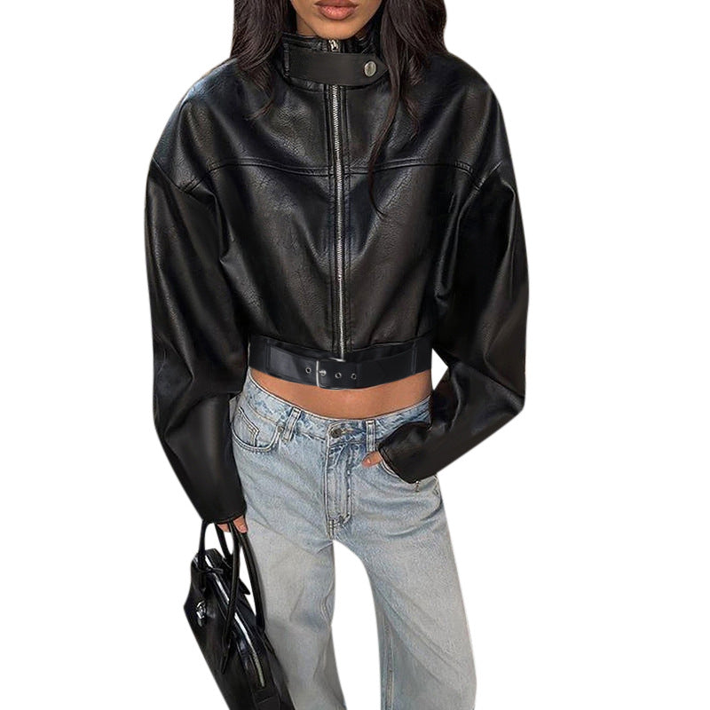 Street sexy leather solid color versatile jacket for women