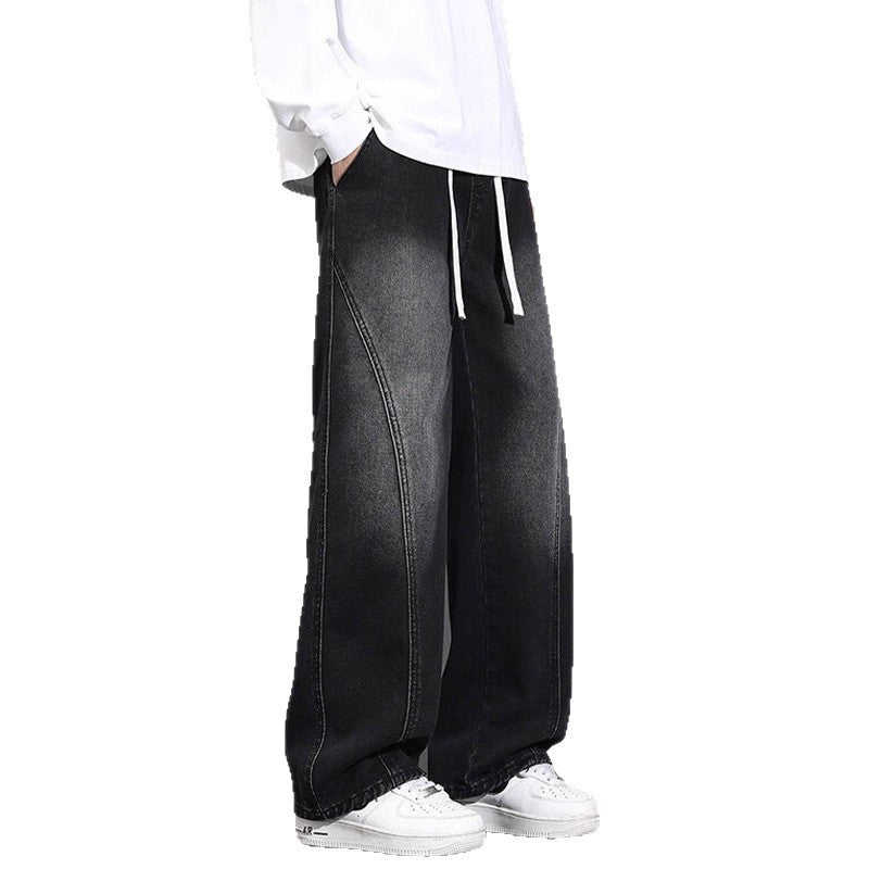 Jeans Men Autumn Winter Loose Straight Leg Pants Vintage Wide Leg Pants Men Youth Asymmetric Deconstruction Trousers