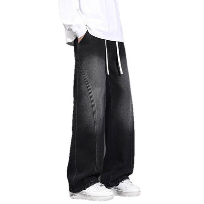 Jeans Men Autumn Winter Loose Straight Leg Pants Vintage Wide Leg Pants Men Youth Asymmetric Deconstruction Trousers