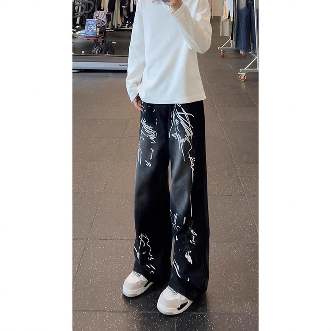 Doodle Print Denim Pants Men Wide Leg Loose Design Sense Niche Pants  High Street Hip Hop Wide Leg Trousers