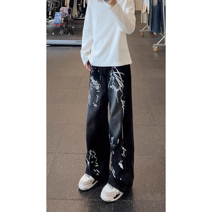 Doodle Print Denim Pants Men Wide Leg Loose Design Sense Niche Pants  High Street Hip Hop Wide Leg Trousers