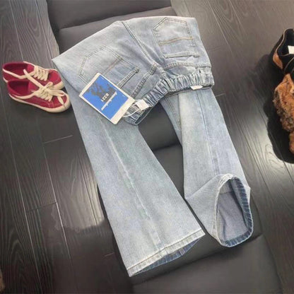 Casual Washed Denim Pants Men's Autumn Trendy Street Style Slim Fit Straight Leg Slightly Flared Jeans Blue Striped Texture