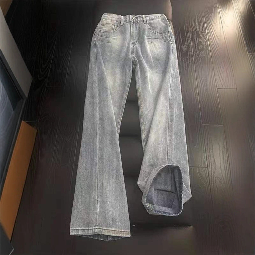 Casual Washed Denim Pants Men's Autumn Trendy Street Style Slim Fit Straight Leg Slightly Flared Jeans Blue Striped Texture